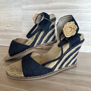 Newport News Espadrille Wedge Heels Crochet Flower Flirty Striped /New With Flaw